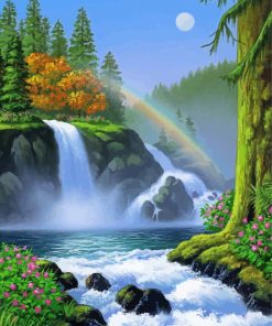Riverfront Waterfall And Rainbow paint by number