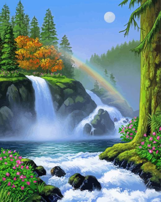 Riverfront Waterfall And Rainbow paint by number