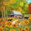 Sunflowers And Cows Fall Scene paint by number
