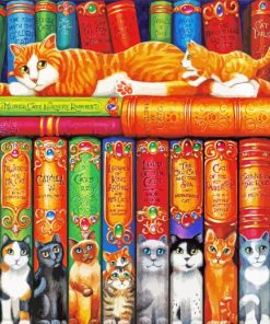 Cats In Bookshelves Library paint by number