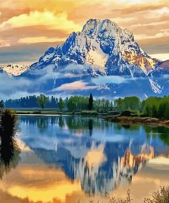 Snowy Teton Mountain Water Reflection paint by number