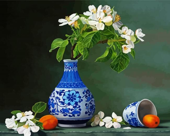 Blue And White Vase With Flowers And Apricots paint by number