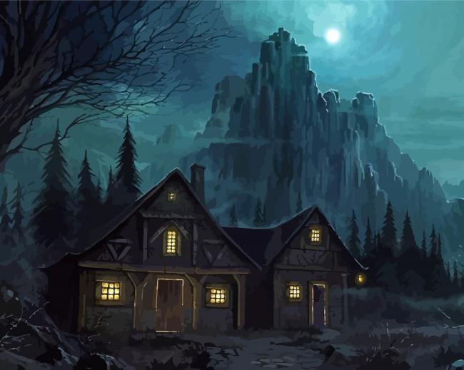 Dark Cottage In The Woods paint by number