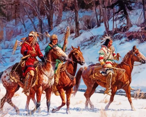 Indians With Horses In Snow paint by number