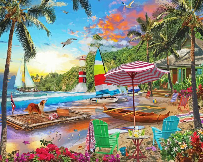 Tropical Island Beach Sunset Paint By Numbers - Numeral Paint Kit