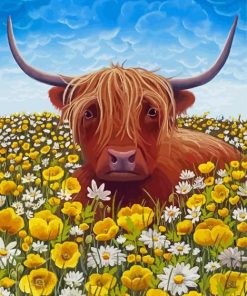 Highland Cow With Flowers paint by number