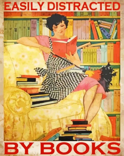Vintage Easily Distracted By Books paint by number