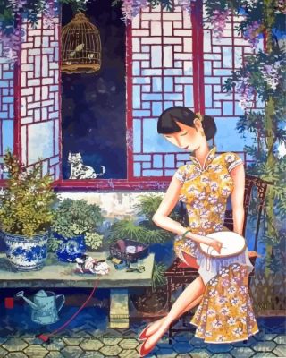 Asian Lady And Her Cat Paint By Numbers 