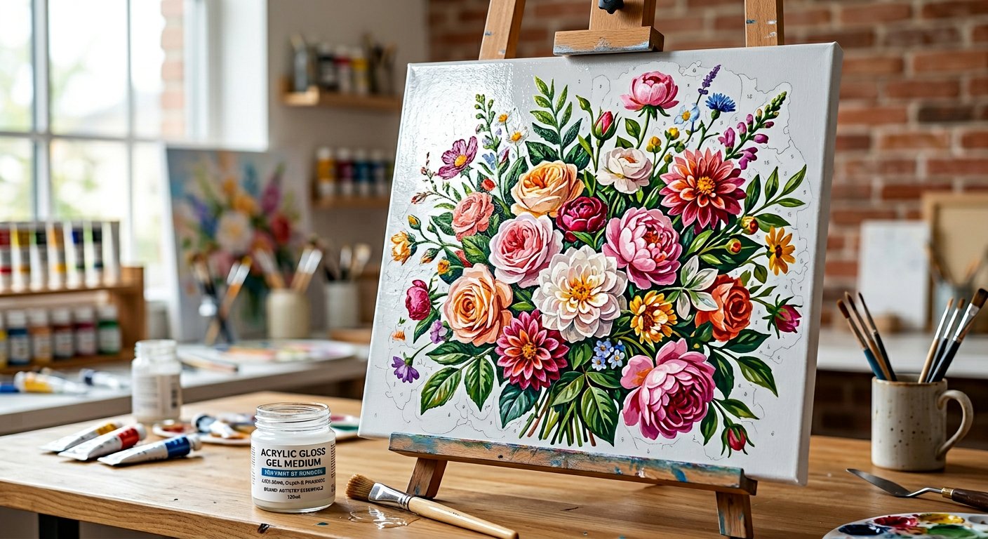 Acrylic gloss gel medium for paint by numbers with finished glossy painting on easel